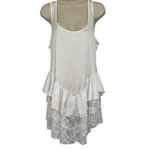 Lace Trim Slip Dress- White Sleeveless Drop Waist Mini Tiered Ruffle Hem Size SM